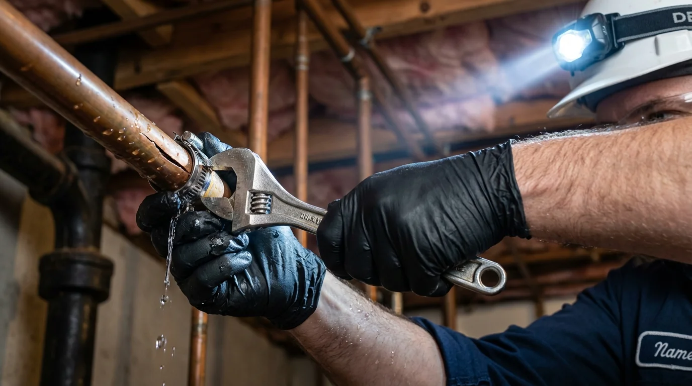 Emergency pipe clamp repair being performed by a Johns Plumbing LLC plumber in Marco Island