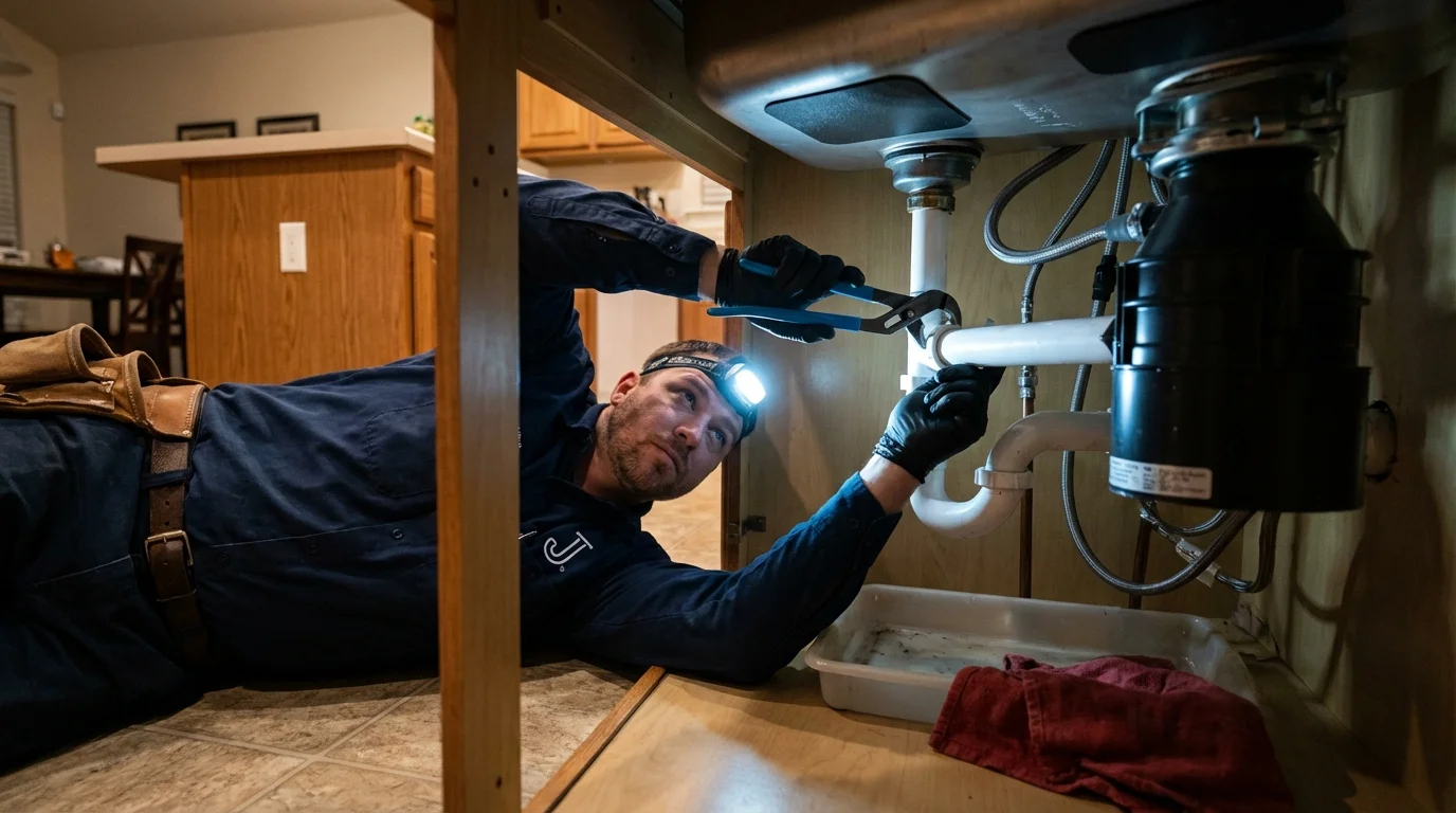 P-trap and supply line connections under a kitchen sink showing a common leak point in Marco Island, FL